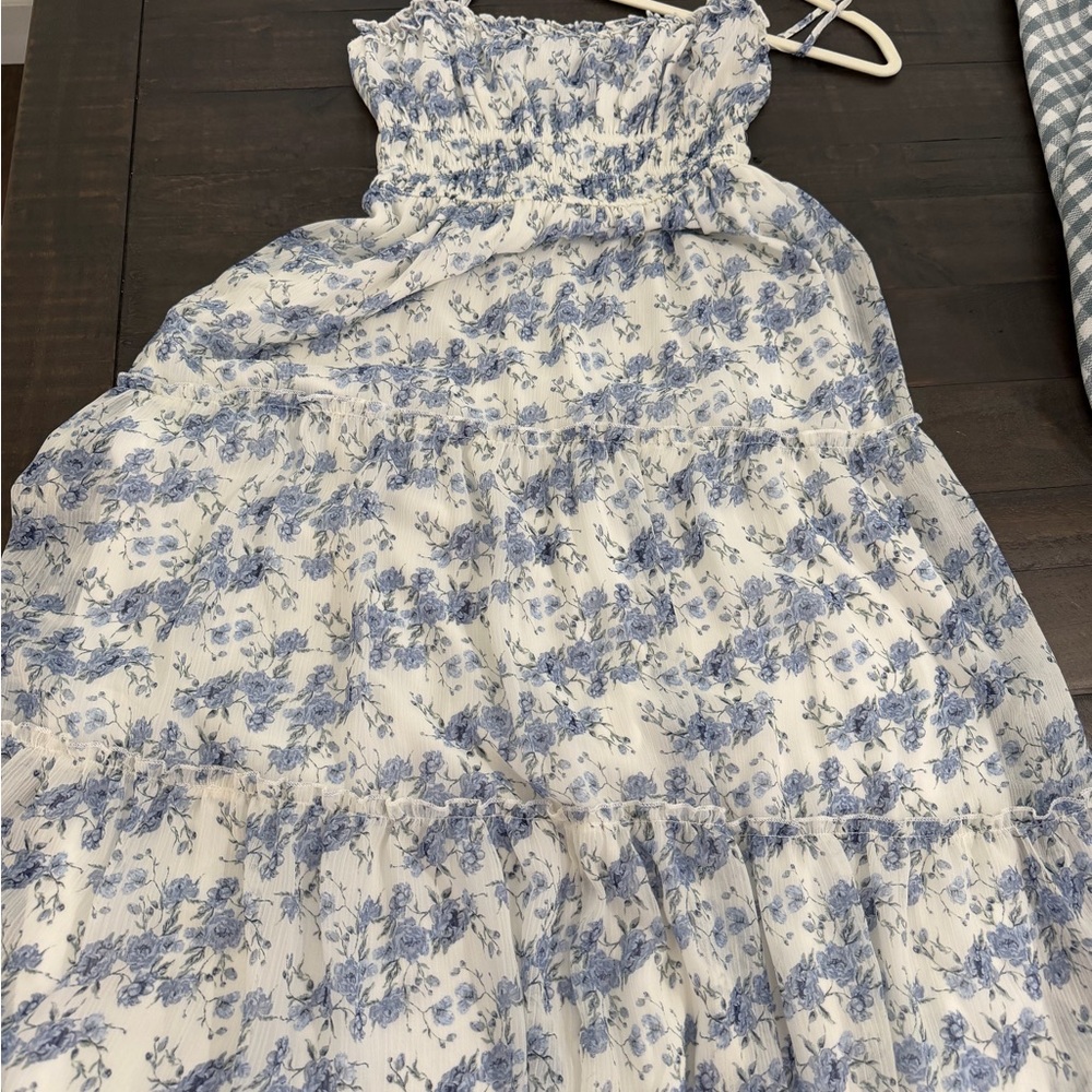 White Floral Sundress with Blue Print